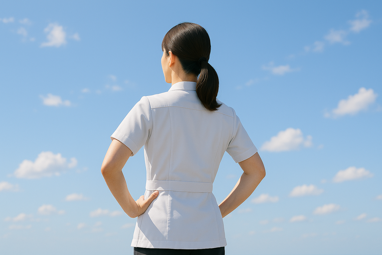 腰に手を当てて空を見つめる女性柔道整復師