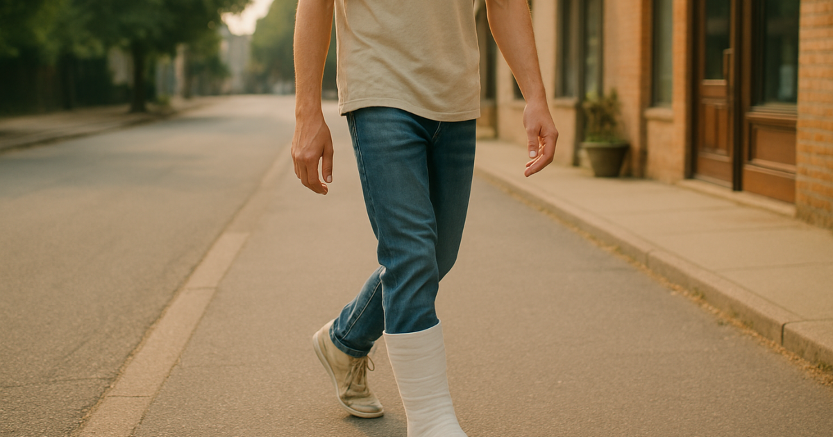 足にギブスを巻きながら歩く男性