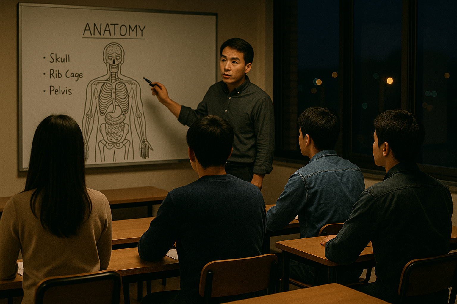 解剖学の授業を受ける夜間学生