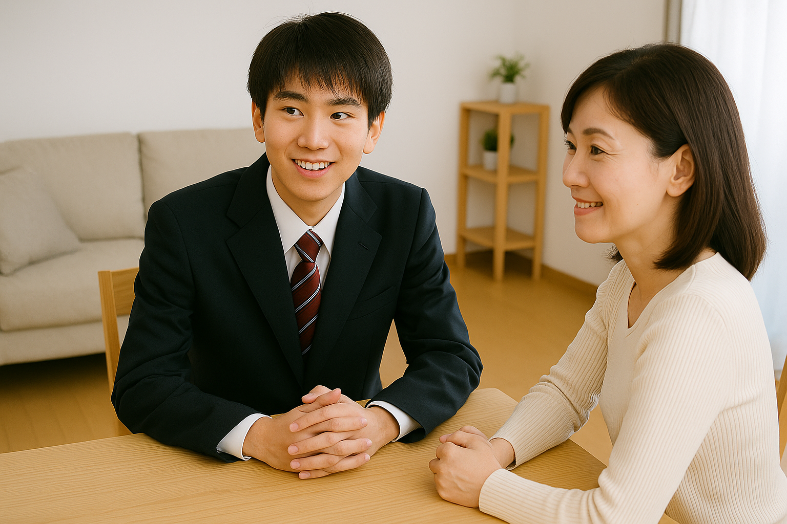 母親と相談する男子高校生