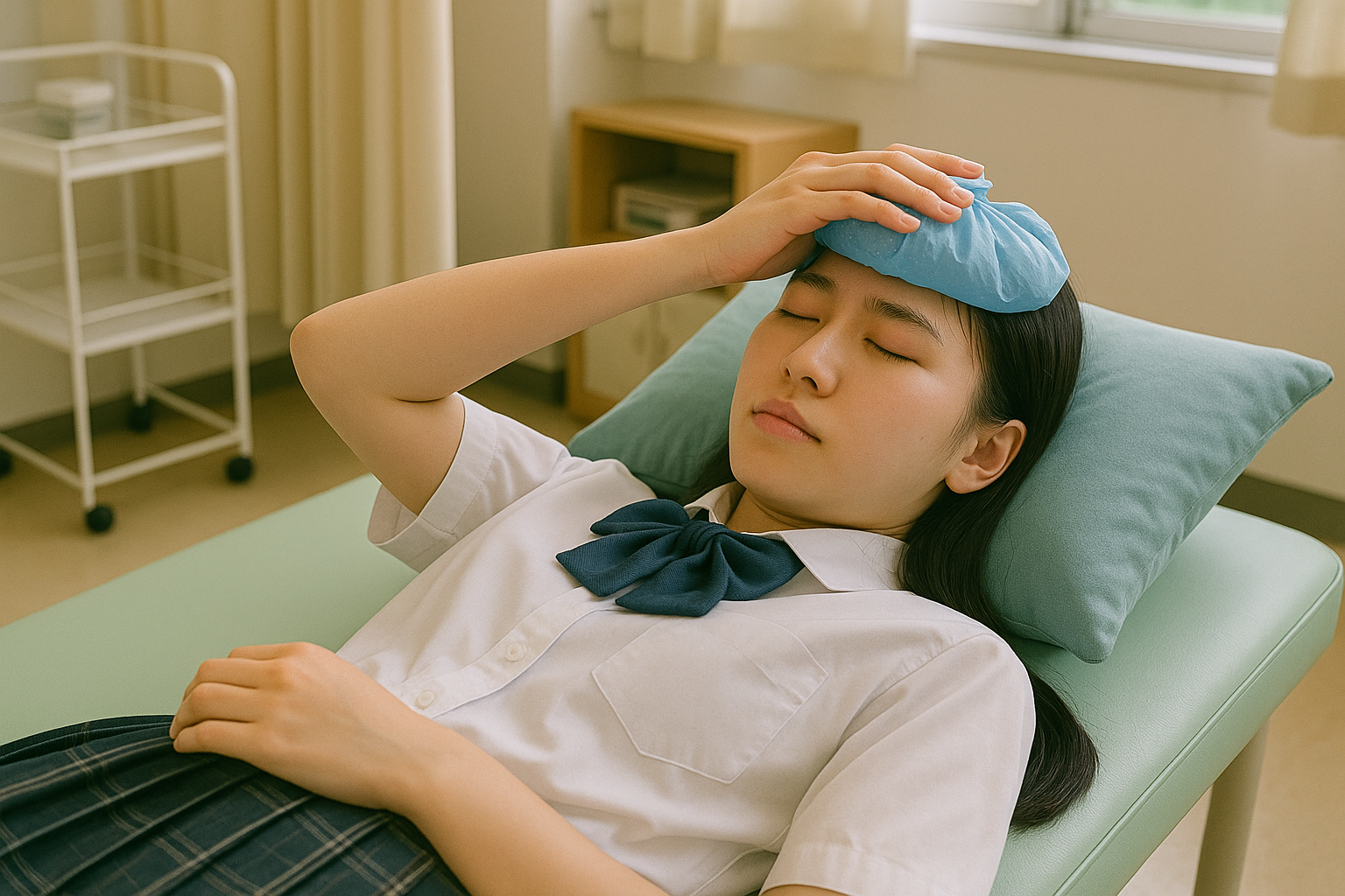 学校の保健室で頭を冷やしている女子高生