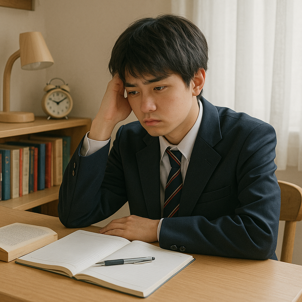 勉強机で悩んでいる様子の男子高校生