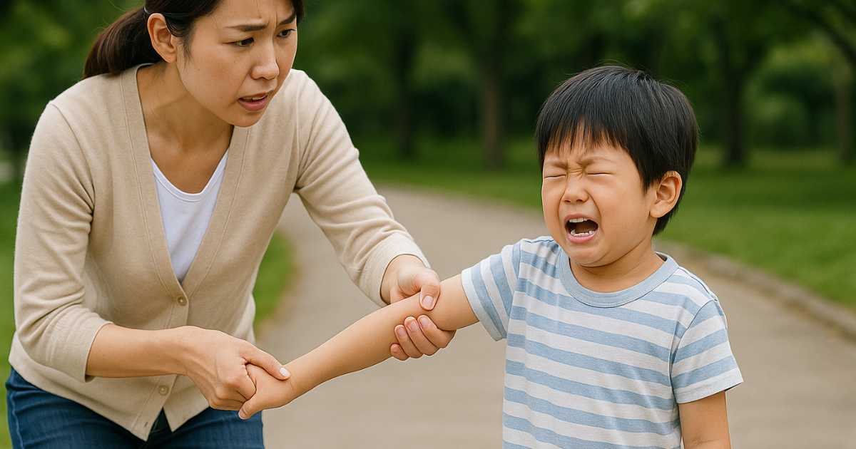 子供の手を引っ張る母親