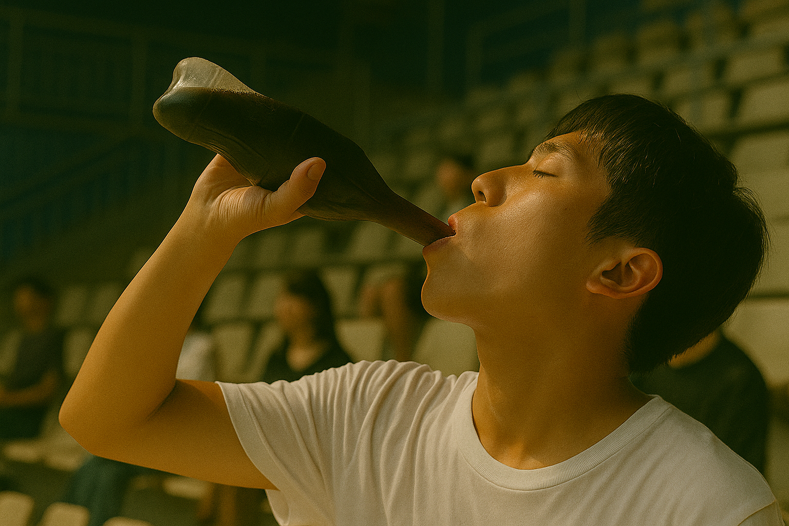 体育館の観客席で炭酸飲料を一気飲みする若者男性