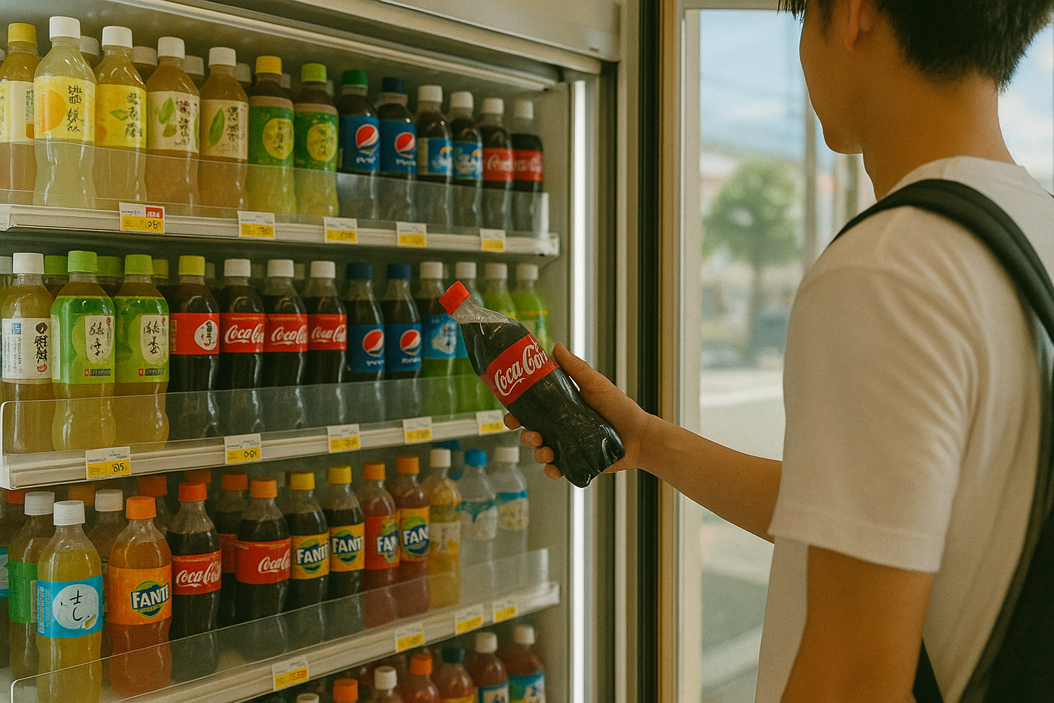 コンビニでコーラを手に取る若者男性