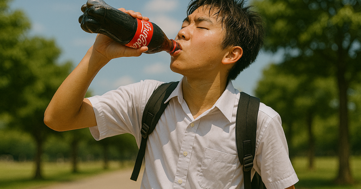 炭酸飲料を一気飲みする男子学生