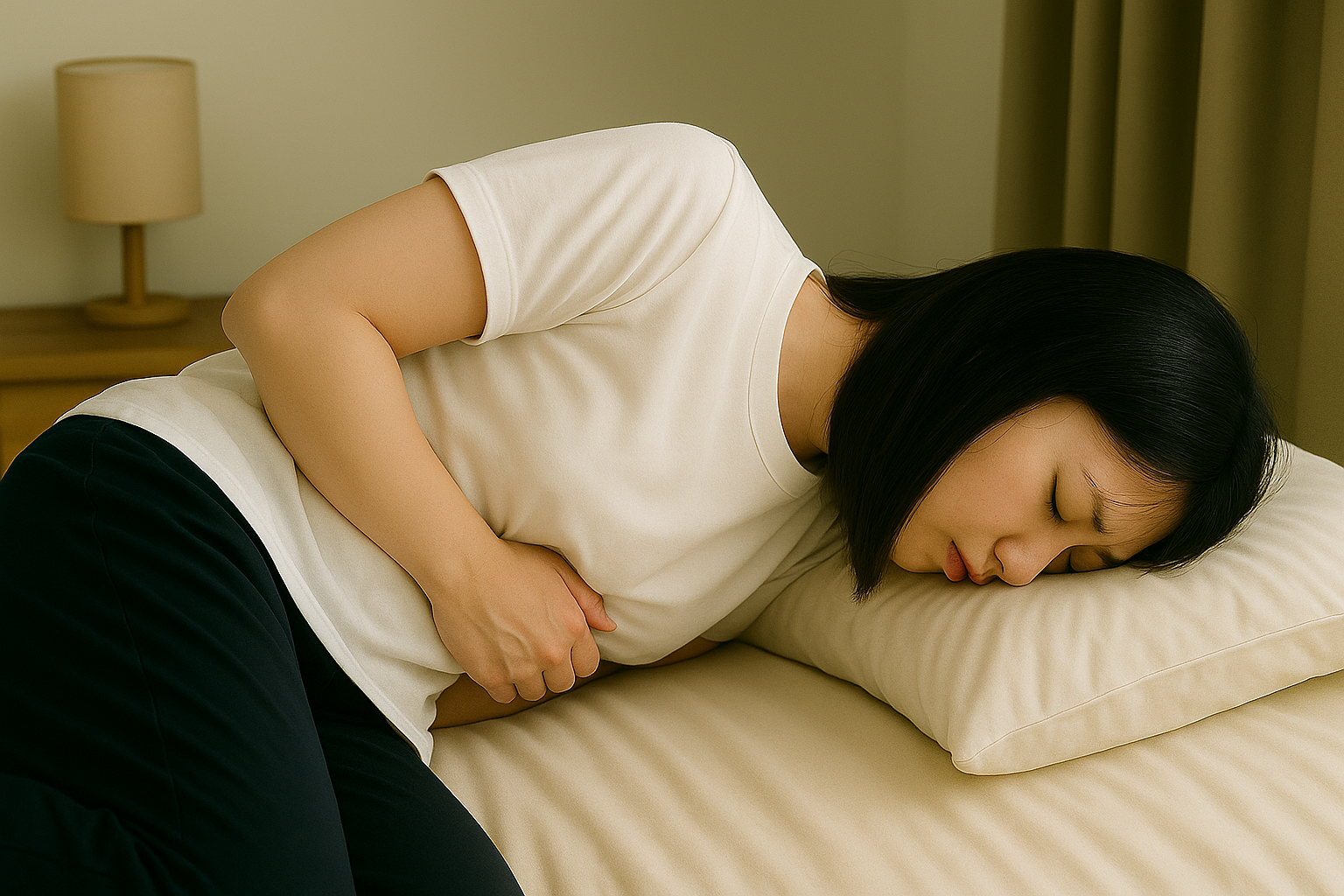 寝室のベッド上でお腹を押さえてうずくまる女性