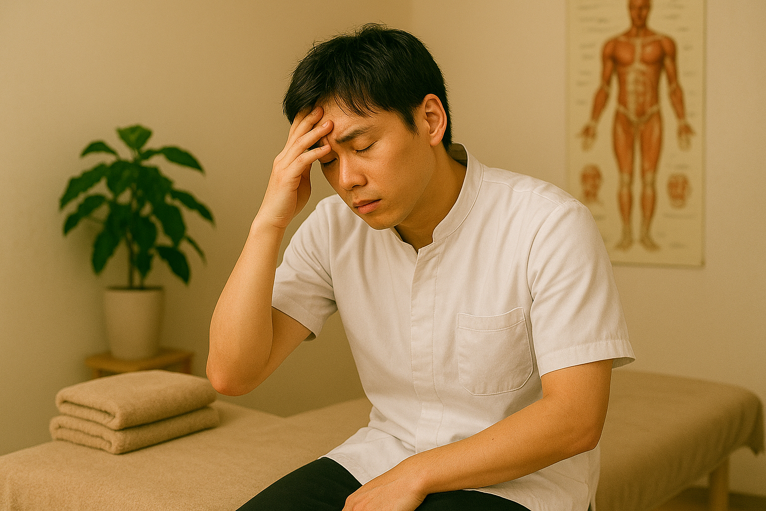 疲労困憊の様子の柔道整復師