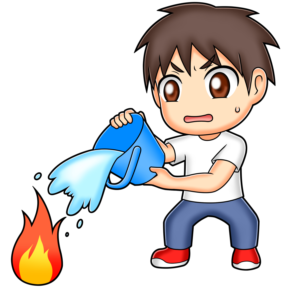 バケツの水を火にかける男性のイラスト