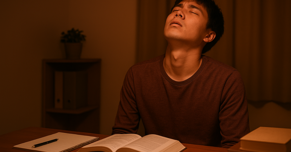 暗い部屋で参考書を前にして点を仰ぐ若者男性