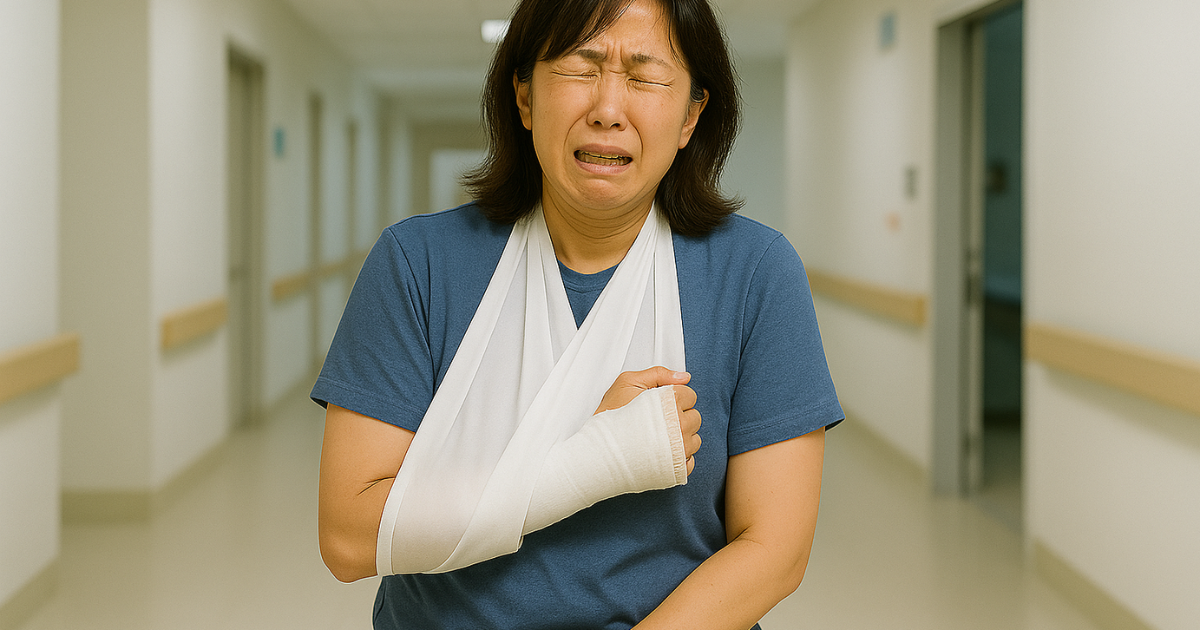 病院の廊下で三角巾で吊った腕を痛そうにする中年女性