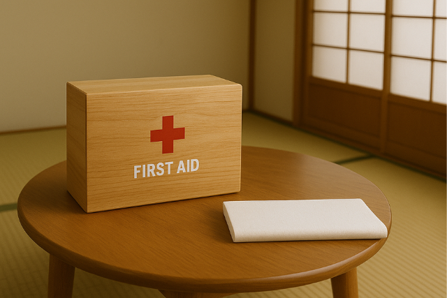 ちゃぶ台の上の救急箱とその横に置いていある三角巾