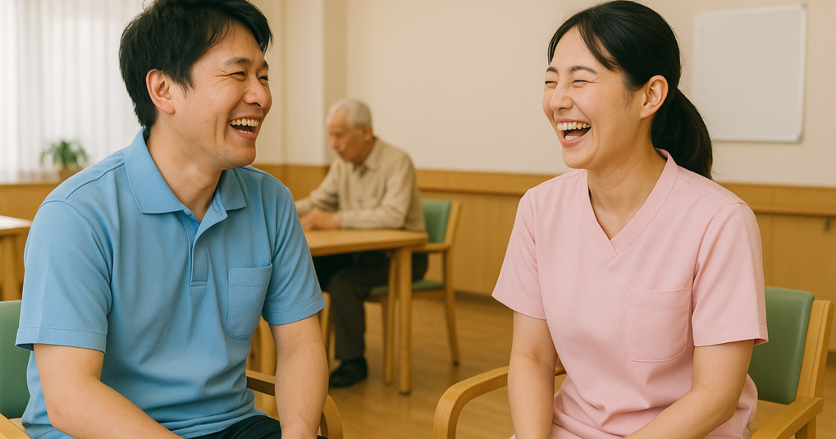 デイサービスのホールで笑い合う機能訓練指導員と介護職