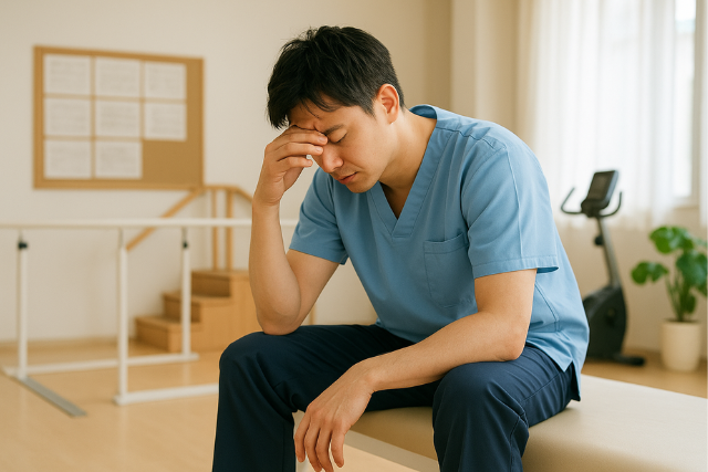 リハビリ室で疲れた様子の理学療法士
