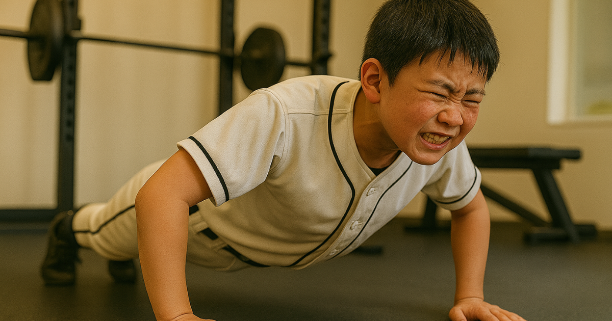 腕立て伏せをする野球少年