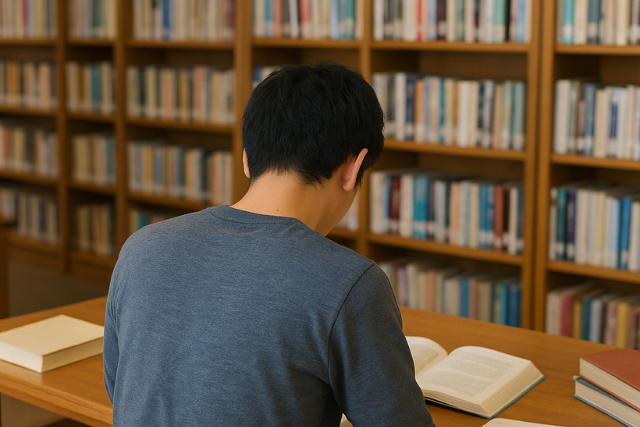 図書館で国家試験の勉強をする男性
