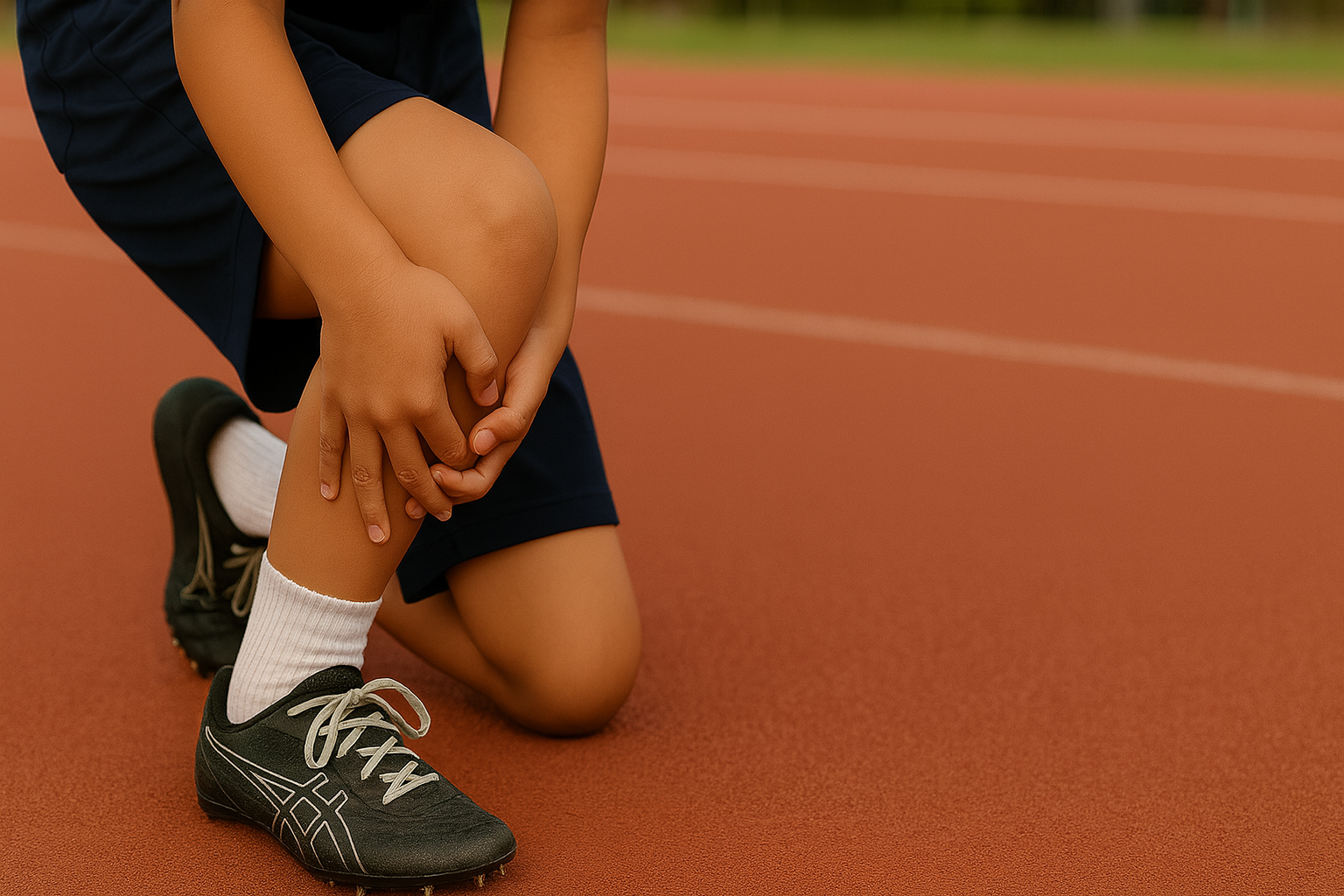 陸上競技場で足を抑える学生選手