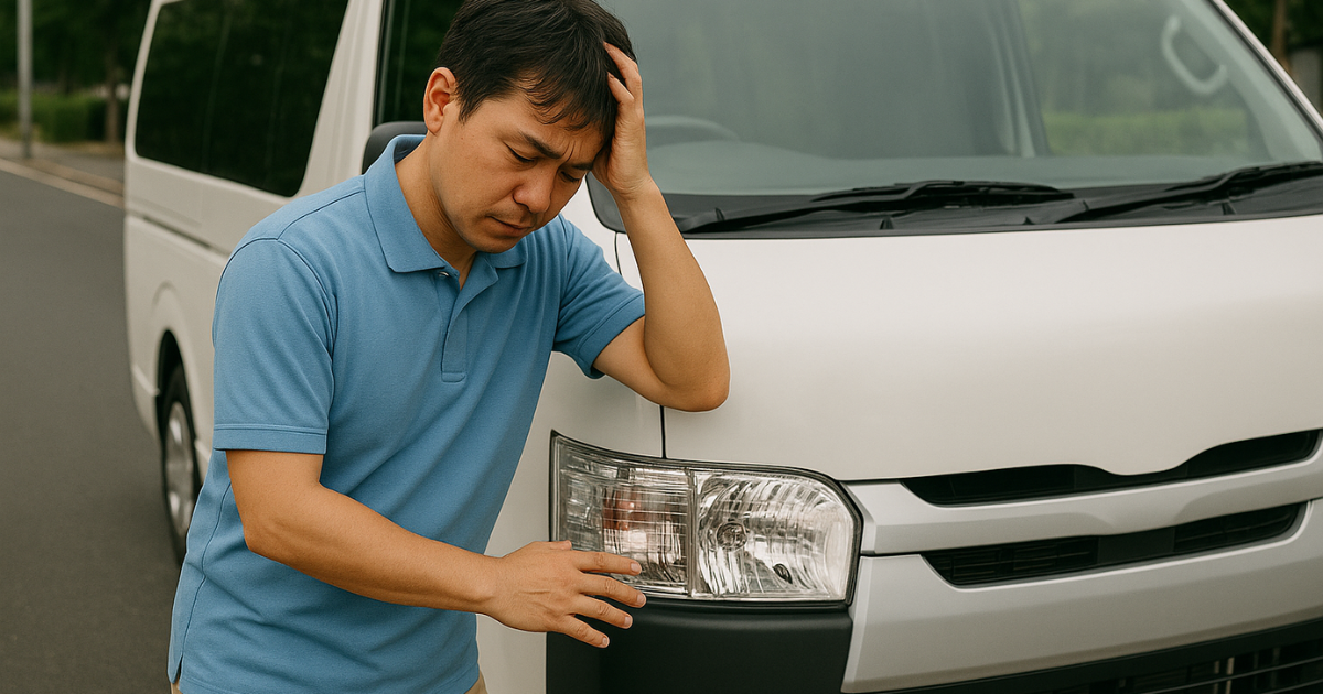 ハイエースに寄りかかって悩んでいる様子の機能訓練指導員